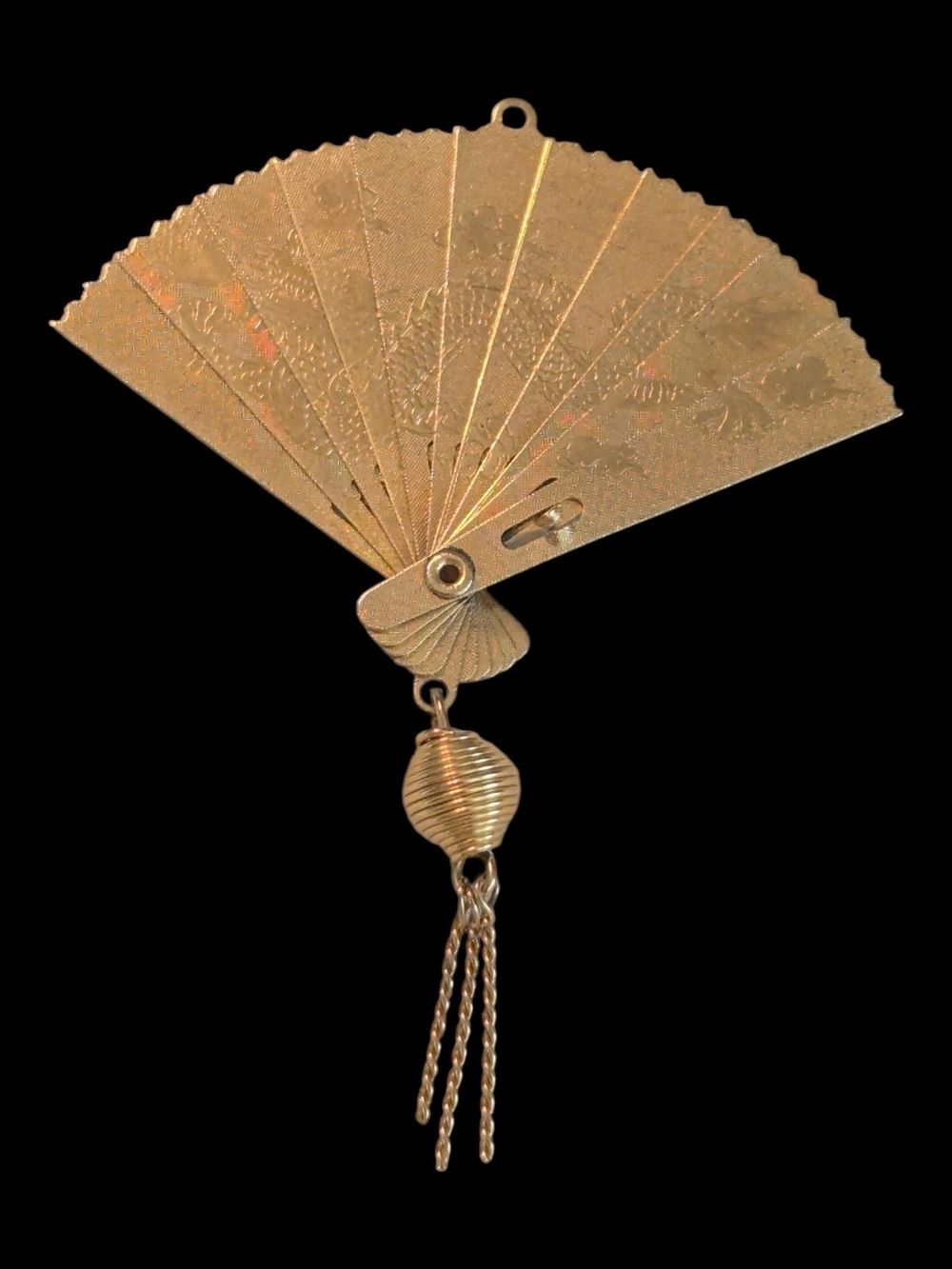 40s Asian Mini Brass Articulated Fan w Tassel Necklace Pendant Charm Or Earrings